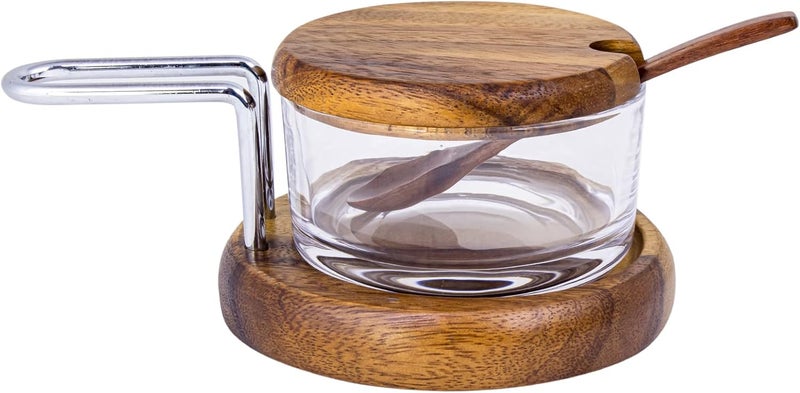BILLI Glass Spice Jar Condiment Pot Storage Jar with Wooden Lid, Spoon, Wooden Base Glass Canisters Seasoning Box for Condiment, Salt, Sugar, Herb, Brown, ACA-60X - Image 1